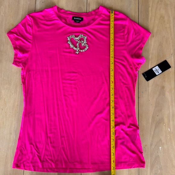 NWT BEBE Baby Tee Rhinestone Embellished Cutout Hearts  "Calypso" Hot Pink XL - Picture 7 of 8